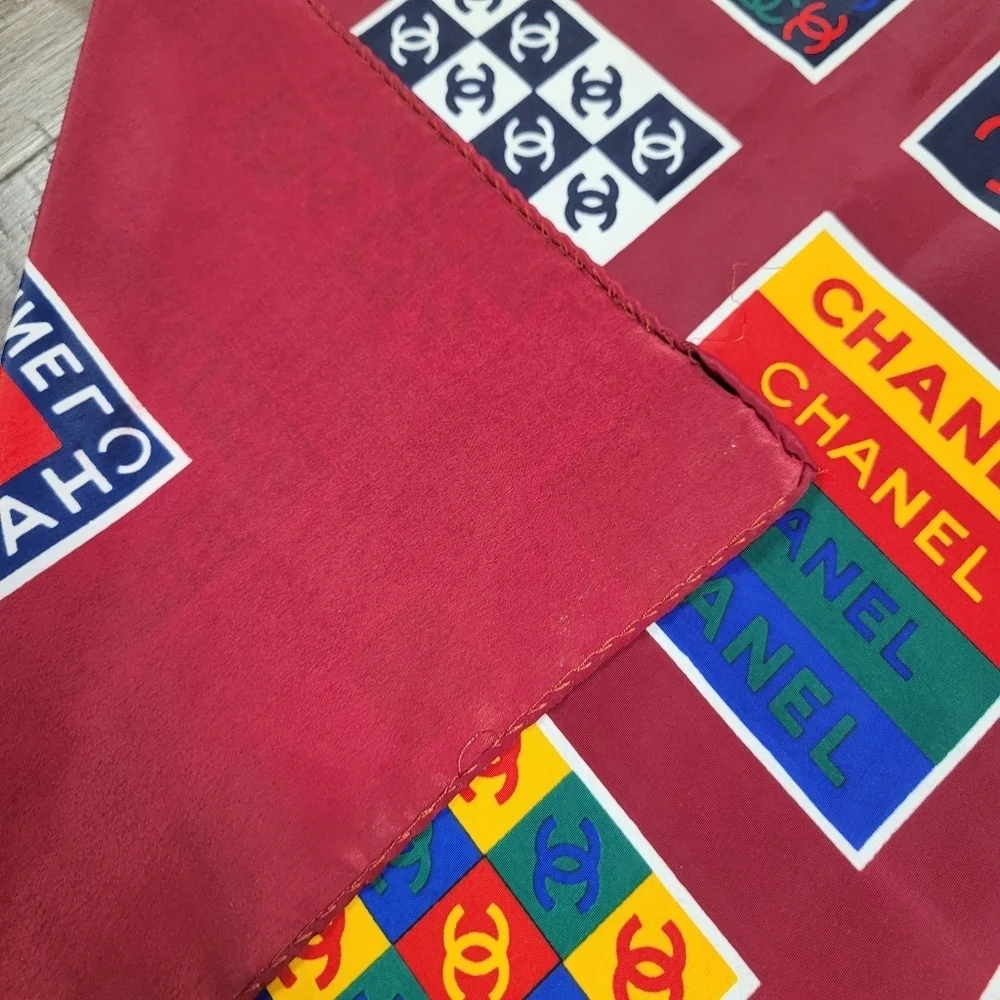 CHANEL Vibrant Geometric Logo Multicolor 100% Silk Scarf Burgundy 35x35